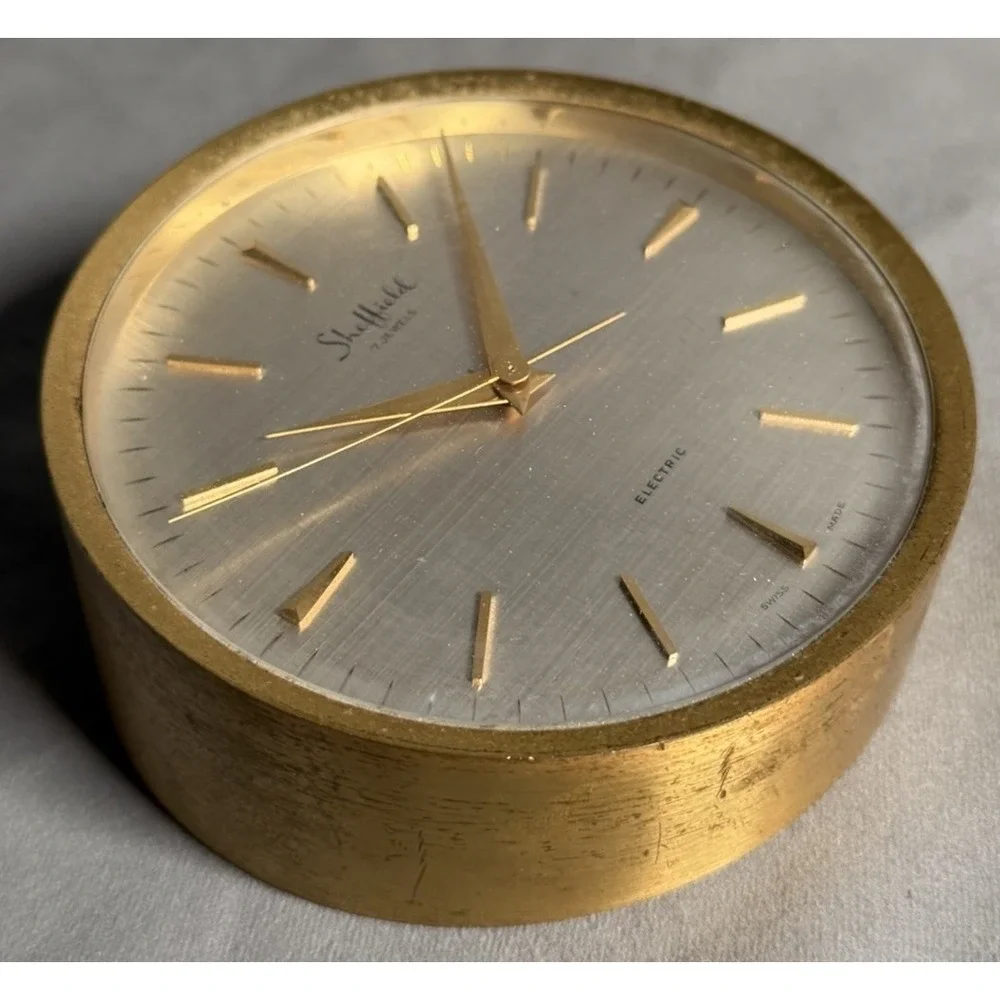 Vtg Sheffield Electric 7-Jewel Solid Brass Desk Clock Swiss Made MCM Working